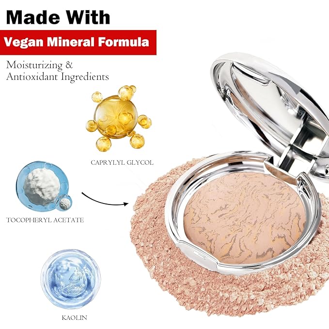 Marbleized Baked Foundation Makeup, Balance and Brighten Color Correcting Powder Foundation - Buildable Light to Medium Coverage - Demi-Matte Natural Finish (#003 MEDIUM, 0.32 Oz)-BrightBean Baby