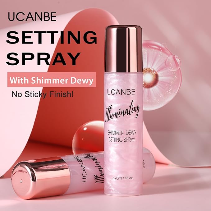 UCANBE Shimmer Dewy Setting Spray – Glowing + Makeup Setting Spray 2 in 1 Lightweight Formula for a Radiant Glow,Long-Lasting Face Mist for Face Body, 4 Fl Oz #Platinum-BrightBean Baby