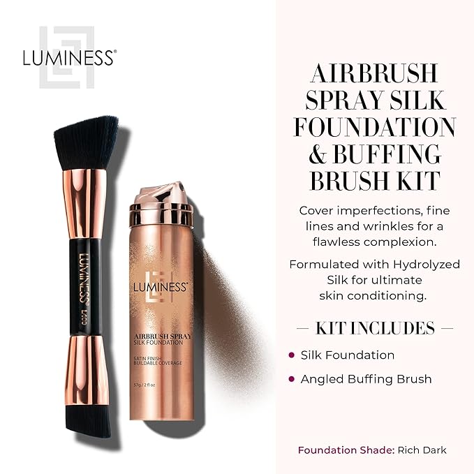 LUMINESS Silk Airbrush Spray Foundation & Buffing Brush Kit – Full Coverage Foundation & Dual-Sided Buffing Brush - Buildable Coverage, Anti-Aging Formula Hydrates & Moisturizes (Shade - Rich Dark)-BrightBean Baby