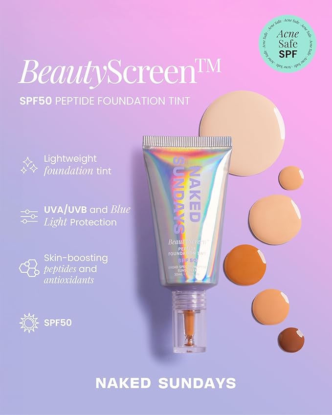 Naked Sundays BeautyScreen™ SPF 50 Mineral Peptide Foundation Tint – 2-in-1 Skin Tint & Mineral Sunscreen | Radiant, Buildable Coverage, Acne-Safe, Infused with Peptides (2 Fair Sand, 1.01 oz)-BrightBean Baby