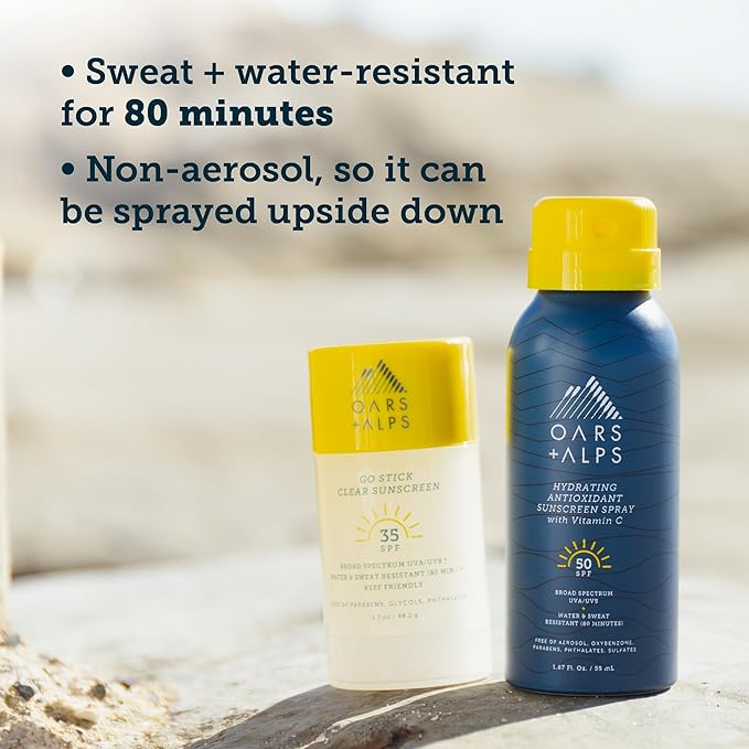 Oars + Alps Travel Sunscreen Spray for Face & Body, SPF 50 Spray Sunscreen Infused with Vitamin C & Antioxidants, No White Residue, Water & Sweat Resistant, Lightweight, Hydrating, 1.87oz, 3pk