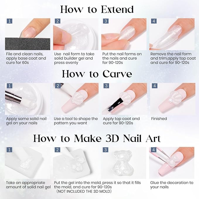 MIZHSE Solid Builder Gel, Aurora White Non-Sticky Hand Sculpting Gel for Nails, Mermaid Pearl 3D Nail Art Building Carving Modeling Hard Extension Soak Off U V LED Manicure Salon Home DIY 15g-BrightBean Baby