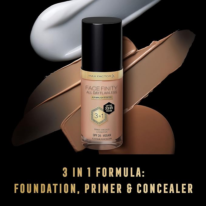 Max Factor Facefinity 3-in-1 All Day Flawless Liquid Foundation, SPF 20-10 Fair Porcelain, 30 ml-BrightBean Baby
