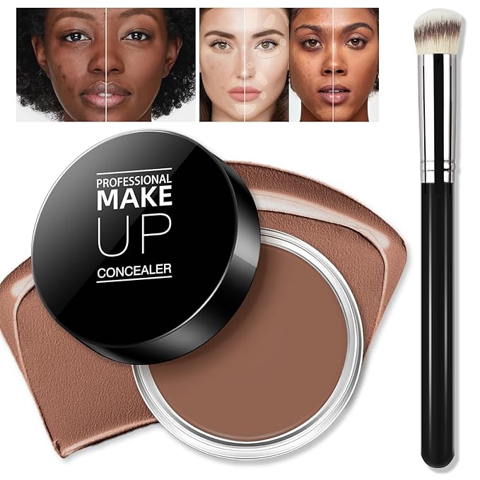 Cream Concealer Full Coverage Makeup, Matte Color Correcting Concealer with Brush, Waterproof, Conceals Blemish, Pores and Spots, Under Eye Makeup Concealer for Dark Circles (#07 DEEP)-BrightBean Baby