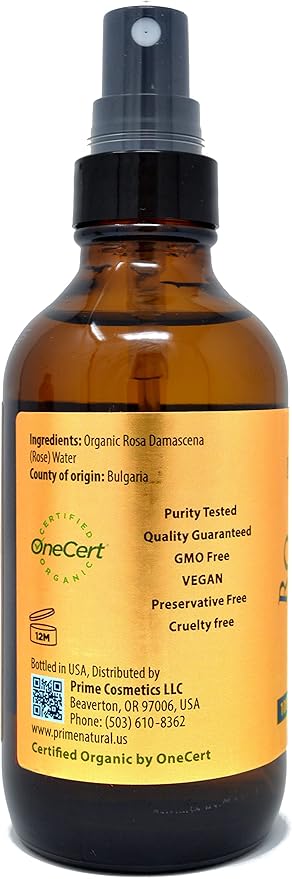 PRIME NATURAL Rose Water Spray 4oz/120ml, USDA Certified Organic, Facial Toner, Hydrating Mist for Face & Hair - Bulgarian, 100% Pure, Natural, Preservative-Free, Moisturizer from Fresh Rose Petals-BrightBean Baby