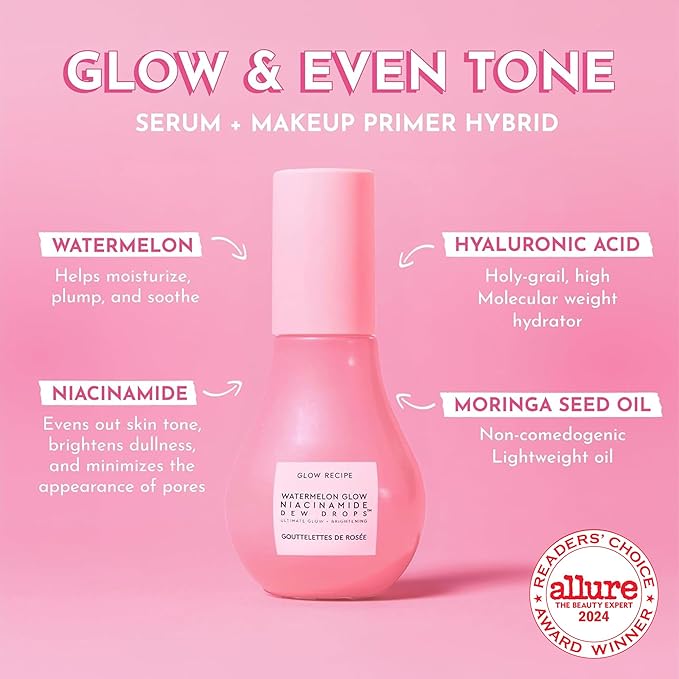 Glow Recipe Watermelon Niacinamide Dew Drops - Brightening, Plumping Hydrating Face Serum, Makeup Primer + Liquid Highlighter with Hyaluronic Acid - Dewy & Glowing Korean Skin Care (40ml)-BrightBean Baby