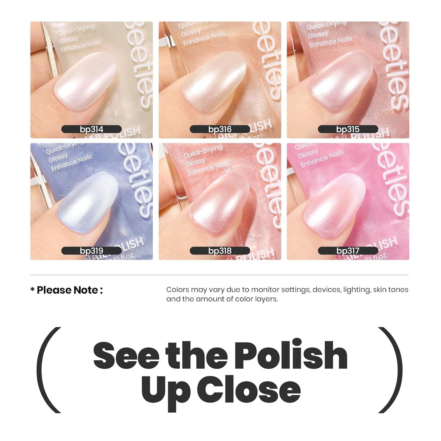 Beetles Pearl Nail Polish Set 6 Colors 15 ML Quick-drying Shimmer Glitter Pearl White Pink Blue Mermaid Nail Polish Kit, Spring Pastel Iridescent DIY Manicure Gift for Women-BrightBean Baby