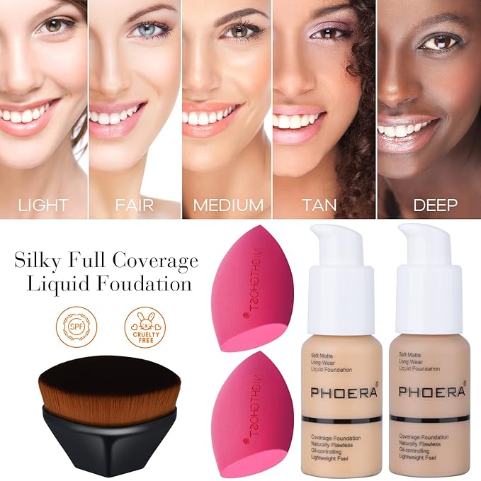Makeup Kit for Women Included 2 Phoera Foundation SPF 20+ 30ml Matte Oil Control, 2 Kabuki Makeup Brushes, Phoera Primer, Powder Foundation, 2 Makeup Sponges (101 Porcelain + 102 Nude)-BrightBean Baby