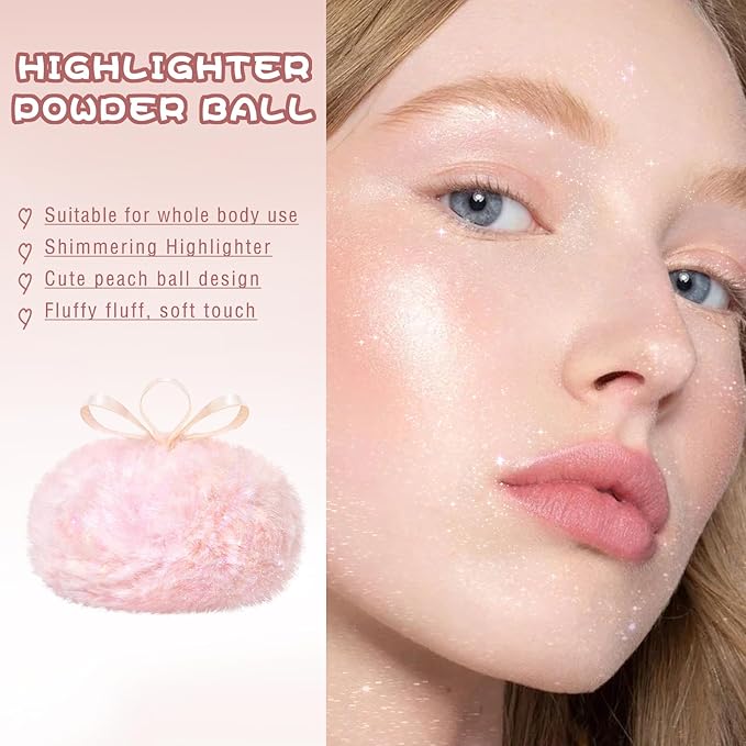 Highlighter Makeup Powder Plush Peach Ball Puff Glitter Shimmer Sparkle Loose Patting Powder for Body Face Hair Multi-Use High Gloss Shine Bright Illuminator Makeup Glossy Diamond Glow-BrightBean Baby