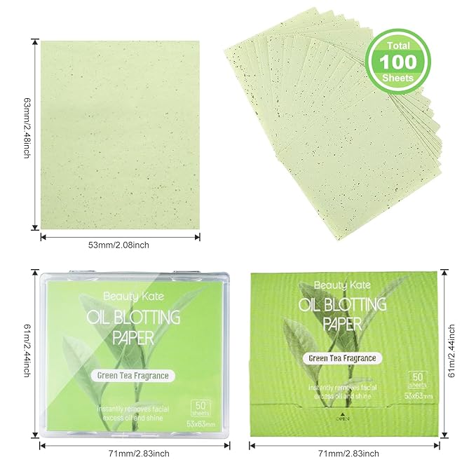 Oil Blotting Sheets for Face, Blotting Paper For Oily Skin Green Tea 100 sheets with Portable Mirror Case & Makeup Puff, Oil Absorbing Sheets For Face-BrightBean Baby