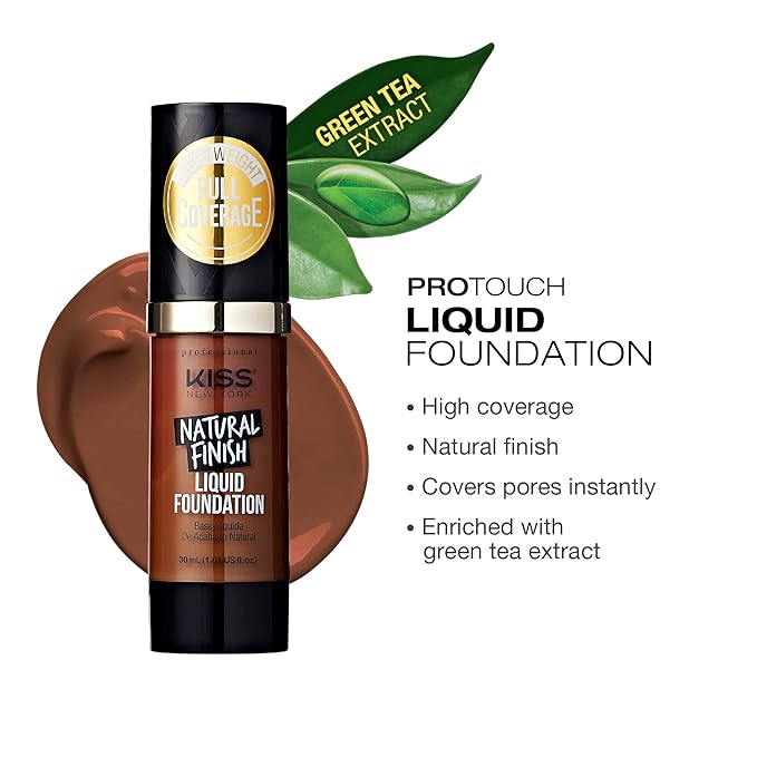 Kiss New York Professional Liquid Foundation - Lightweight and Hydrating Formula, Natural Finish, Control Shine, Cover Pores, Medium to Full Coverage, Green Tea Extract (Mocha)-BrightBean Baby