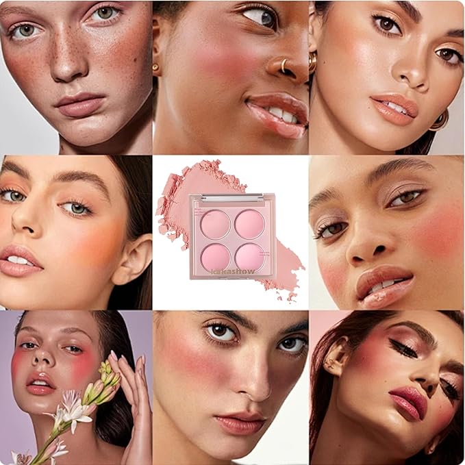 Matte Blush Powder Palette, Blending Mood Cheek, 4 Blendable Shades Korean Fairy Pink Blusher in Lightweight Smooth Powder, Vegan Makeup (Cantaloupe 3#, 1.84 ounces)-BrightBean Baby