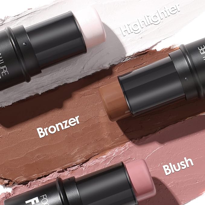 FOCALLURE 3 Pcs Cream Contour Sticks,Shades with Highlighter & Bronzer & Blush,Non-greasy Long-wear Face Contouring Pen,Easy to Sculpt the Face and Create a Lightweight Finishing Makeup,UNIVERSAl-BrightBean Baby