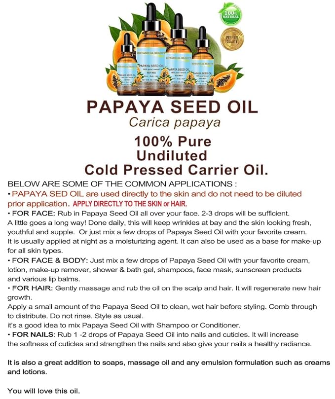PAPAYA SEED OIL. 100% Pure / Natural / Undiluted /Refined Cold Pressed Carrier Oil. 0.5 Fl.oz.- 15 ml. For Skin, Hair And Lip Care.-BrightBean Baby