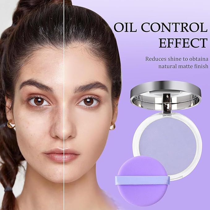 Chillab Lavender Matte Powder Oil Control Face Makeup Setting Powder, Chillab Polvo Compacto with Mini Powder Puff, for Silky Blurring Oil Control Long-Lasting Makeup-BrightBean Baby