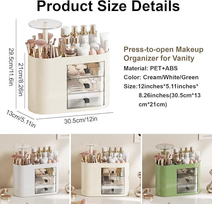 DASITON Makeup Organizer with 3 Drawers,Automatic Lifting Makeup Brush Holder with Lid,Large Capacity Makeup Organizers for Vanity,Bathroom Countertop,Ideal Storage Skin Care,Brushes,Lipstick (Cream)-BrightBean Baby