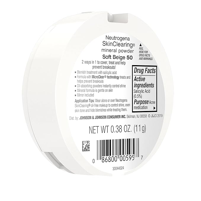 Neutrogena SkinClearing Mineral Acne-Concealing Pressed Powder Compact, Shine-Free & Oil-Absorbing Makeup with Salicylic Acid to Cover, Treat & Prevent Breakouts, Soft Beige 50,.38 oz-BrightBean Baby