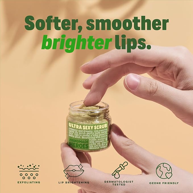 Handmade Heroes Matcha Latte Lip Scrub 1oz | 100% Natural Vegan Skin Care | Deep Conditioning Lip Scrub for Dry Lips with Jojoba Oil Avocado Oil | Natural Lightening Lip Exfoliator & Lip Plumper-BrightBean Baby