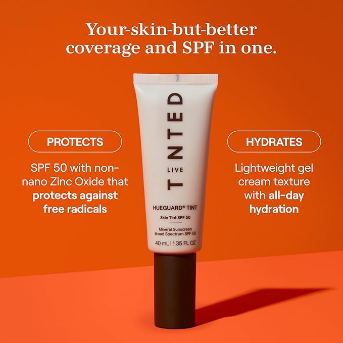 Live Tinted Hueguard Skin Tint SPF 50 - Tinted Mineral Sunscreen with Light-Medium Buildable Coverage With a Hydrating and Radiant Finish - Water and Sweat Resistant, 1.35 fl oz - Shade 10-BrightBean Baby