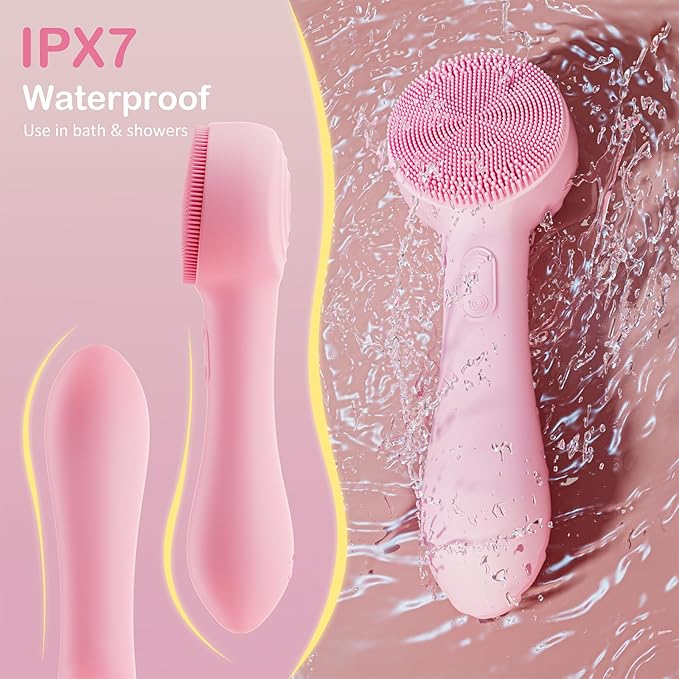 Facial Cleansing Brush Silicone Face Scrubber Waterproof Rechargeable Exfoliator Massage Device for Men & Women, Deep Pore Cleansing, Exfoliating, Removing Blackhead Electric Face Scrub Brush (Pink)-BrightBean Baby