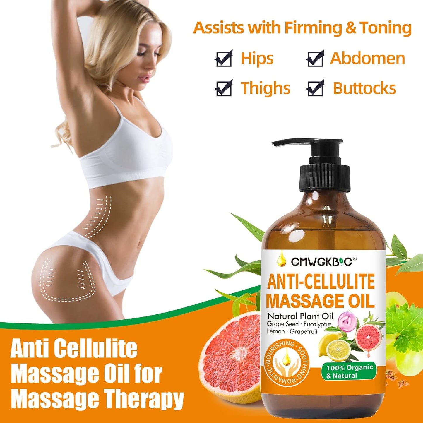 Anti Cellulite Oil Massage Oil for Massage Therapy,Body Oil for Skin Tightening & Cellulite Remover in Thighs and Butt,Cellulite Treatment Massage Oil,Assists with Firming,Toning & Moisturizes Skin-BrightBean Baby