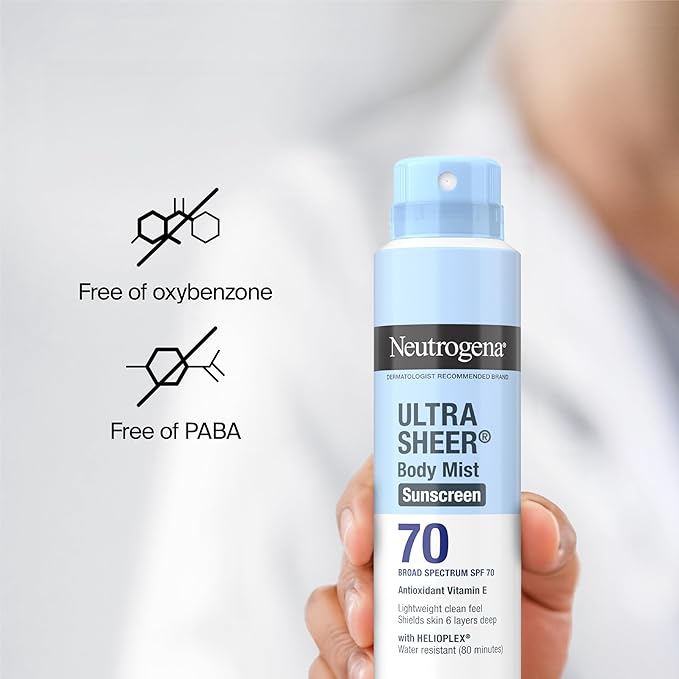 Neutrogena Ultra Sheer Body Mist Sunscreen Spray, Broad Spectrum SPF 70, Lightweight Spray Sunscreen, Non-Greasy & Water Resistant, Oil-Free & Non-Comedogenic UVA/UVB, 5 oz, Pack of 3