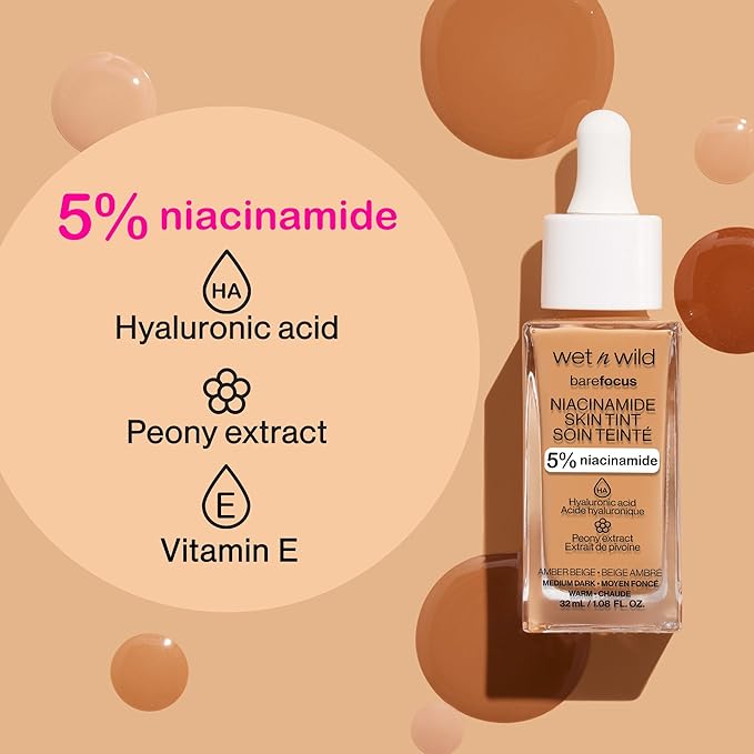 wet n wild Bare Focus Skin Tint, 5% Niacinamide Enriched, Buildable Sheer Lightweight Coverage, Natural Radiant Finish, Hyaluronic & Vitamin Hydration Boost, Cruelty-Free & Vegan - Toffee-BrightBean Baby