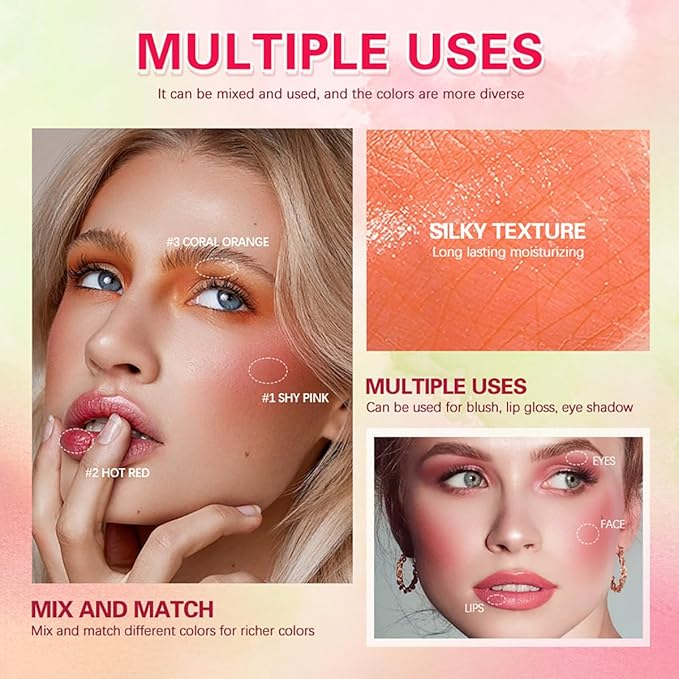 Multi-Use Makeup Blush Stick, Tinted Solid Moisturizer On-the-Go Blush, Multi-use Cream Blush Stick for Cheek & Eyes & Lips, Waterproof Natural Nude Makeup for All Skin (3# Coral Orange)-BrightBean Baby