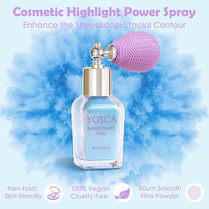 Yosca Highlighter Powder Spray, 20ML Cosmetic Grade Shimmer Powder Blue Glitter Spray Sparkle Highlighter Makeup Festival Concert Accessorise for Rave Clothes Hair Face Nail Art - Cedre Lake-BrightBean Baby