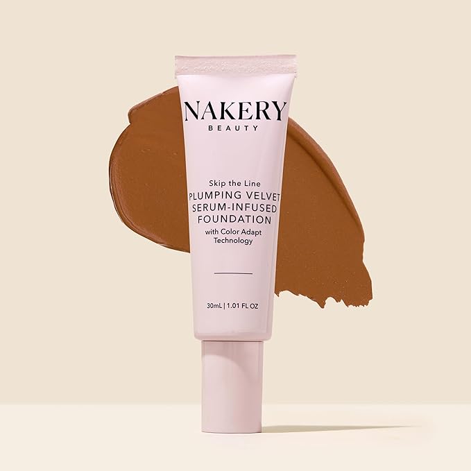 Nakery Skip the Line Full Coverage Foundation for Women - Plumping Velvet Womens Foundation Makeup Matte Finish - Age Defying Foundation - Moisturizing Foundation with Smart Color Adapt - Medium Deep-BrightBean Baby