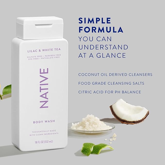 Native Body Wash Contains Naturally Derived Ingredients | For Women & Men, Sulfate, Paraben, & Dye Free Leaving Skin Soft and Hydrating | Lilac & White Tea 18 oz - 2 Pk-BrightBean Baby