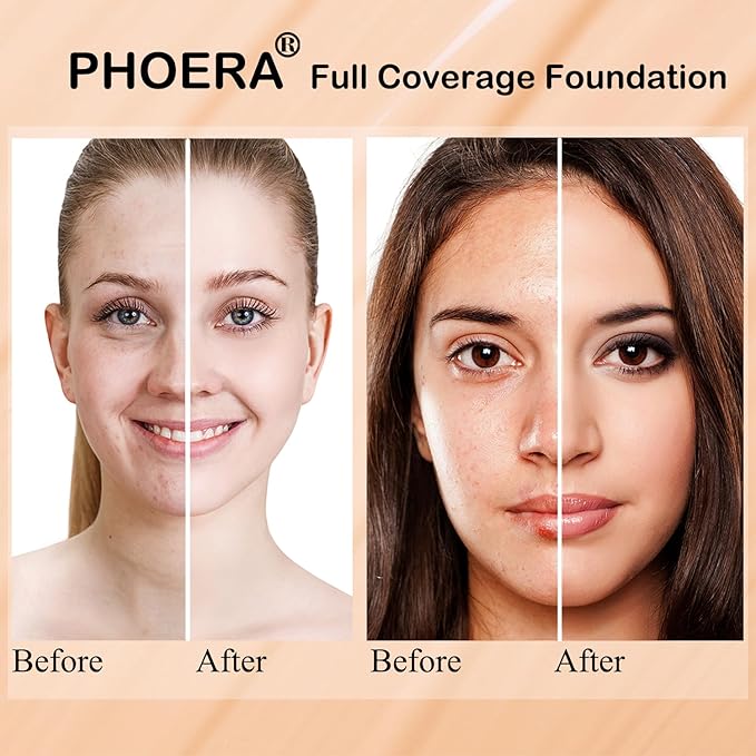 PHOERA Foundation 104 and 105 & Face Primer,Liquid Full Coverage Foundation Set,Foundation Brush Powder Brush,5 Makeup Sponge,30ml PHOERA 24HR Matte Oil Control Concealer (104 Buff Beige + 105 Sand)-BrightBean Baby