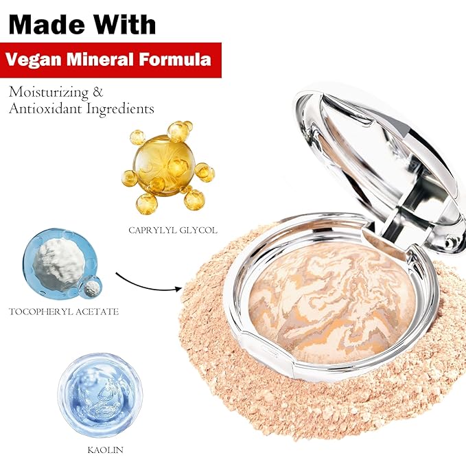 Marbleized Baked Foundation Makeup, Balance and Brighten Color Correcting Powder Foundation - Buildable Light to Medium Coverage - Demi-Matte Natural Finish (#001 FAIR, 0.32 Oz)-BrightBean Baby