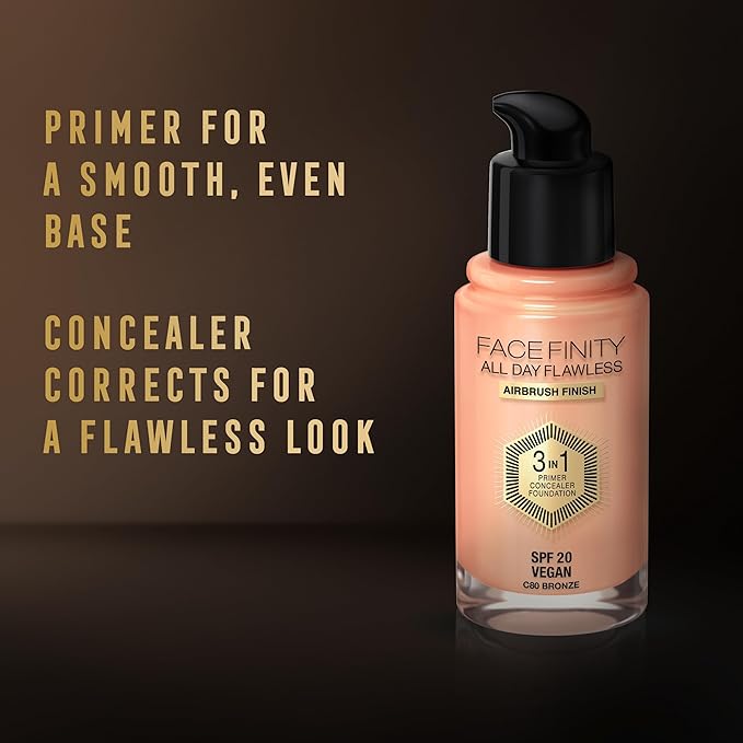 Max Factor Facefinity 3-in-1 All Day Flawless Liquid Foundation, SPF 20-62 Warm Beige, 30 ml-BrightBean Baby