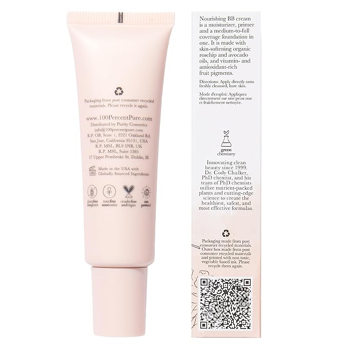 100% PURE BB Cream Shade 20 Aglow Full Face Coverage Skin Care & Glow - All-In-One Primer Concealer & Foundation Makeup - Shimmery, Dewy Youth Medium Color w/Warm Undertone - Vegan - 1 Fl Oz-BrightBean Baby