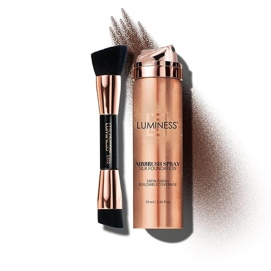 LUMINESS Silk Airbrush Spray Foundation & Buffing Brush Kit – Full Coverage Foundation & Dual-Sided Buffing Brush - Buildable Coverage, Anti-Aging Formula Hydrates & Moisturizes (Shade - Rich Dark)-BrightBean Baby