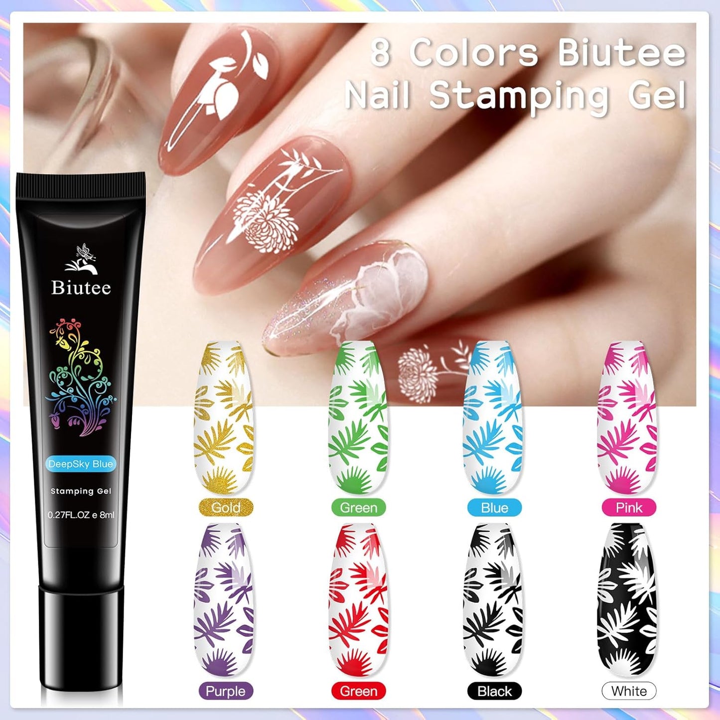 Biutee Nail Stamper Kit 16Pcs Nail Art Stamping Plate 8 Colors Stamp Polish Gel Silicone Stamper Scraper with Storage Bag, Nail Stamp Plates Love Flower Butterfly Leaf Template Halloween Design Gift-BrightBean Baby