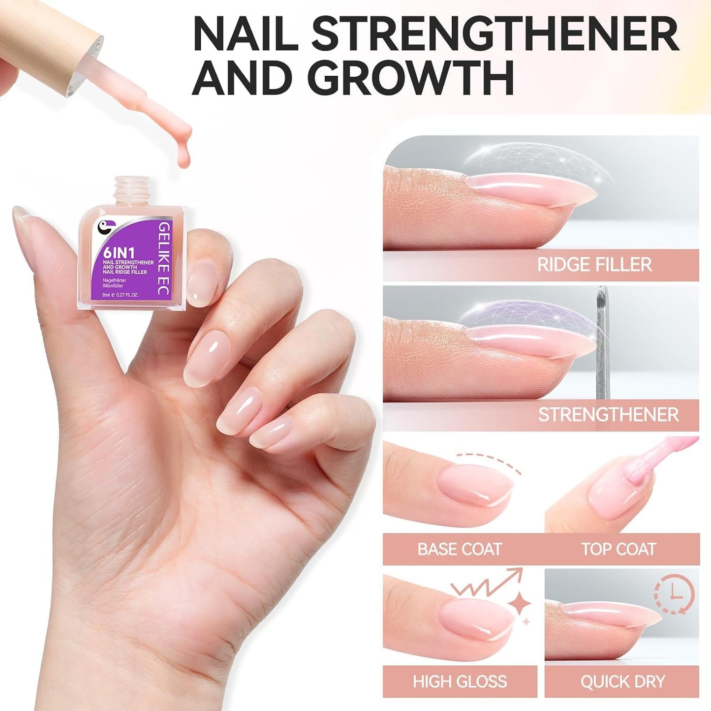 Nail Strengthener Protein for Damaged Nails: Pink 6 in 1 Natural Nail Hardener Extra Strong and Growth - Long Lasting Repair for Damaged Nails - Growth Oil for Salon Home Daily Work-BrightBean Baby
