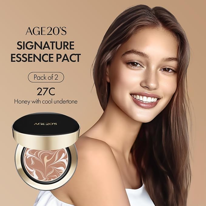AGE20'S Signature Essence Pact SPF 50+ | Pack of 2 | 27C HONEY | Cream Foundation, Dewy Finish, Natural Coverage | Korean Cushion Foundation-BrightBean Baby