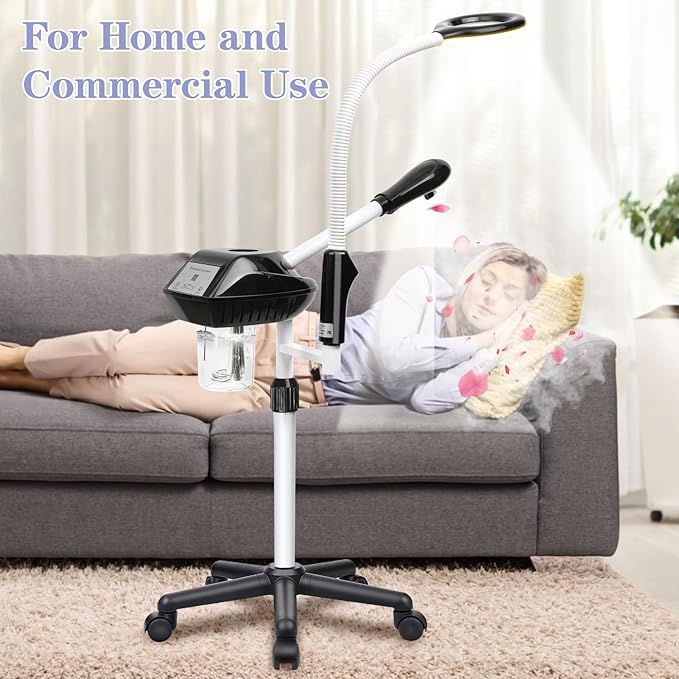 Professional Facial Steamer, 2 in 1 Face Steamer on Wheels, with 5X Magnifying Lamp, Facial Steamer with Time Setting, Stand Face Steamer Adjustable Height for Spa, Salon and at Home use-BrightBean Baby
