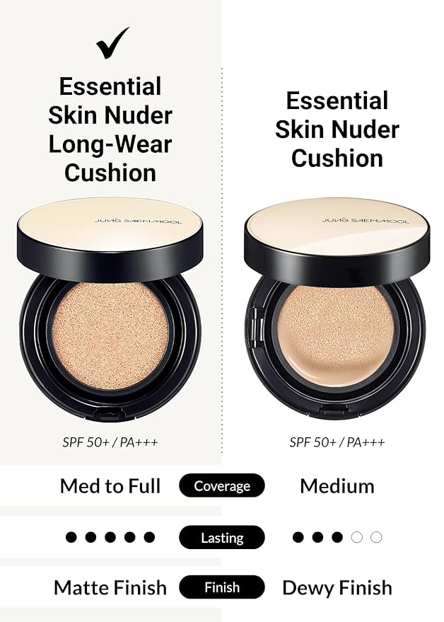 JUNG SAEM MOOL Essential Skin Nuder Longwear Cushion 0.98 Fl Oz (Medium), Refill Included, 24H Lasting Cushion Foundation with High Coverage, Semi-Matte Natural Finish, Korean Foundation Makeup-BrightBean Baby