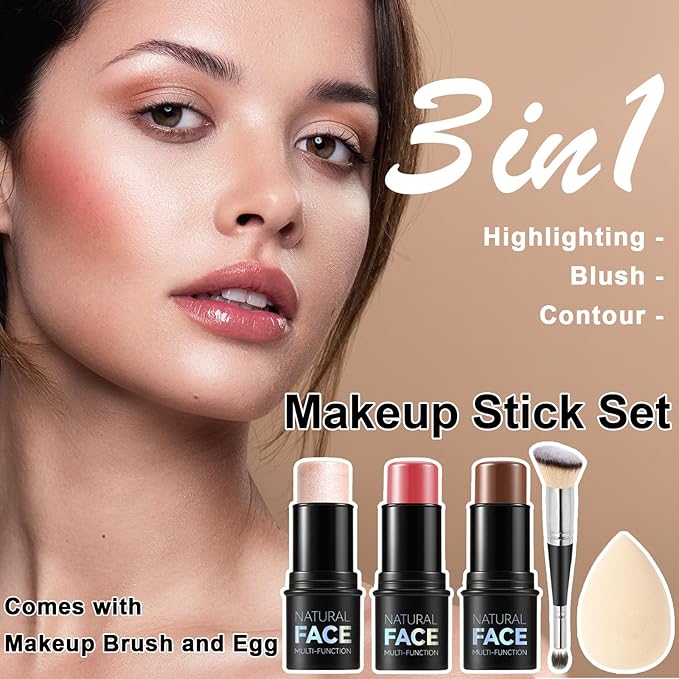 3Pcs Cream Contour Stick Makeup Kit, Shades with Highlighter Stick, Blush Stick and Bronzer Contour Stick for Sculpt the Cheeks, Long Lasting, Waterproof, Matte & Dewy Finish (LIGHT MEDIUM)-BrightBean Baby