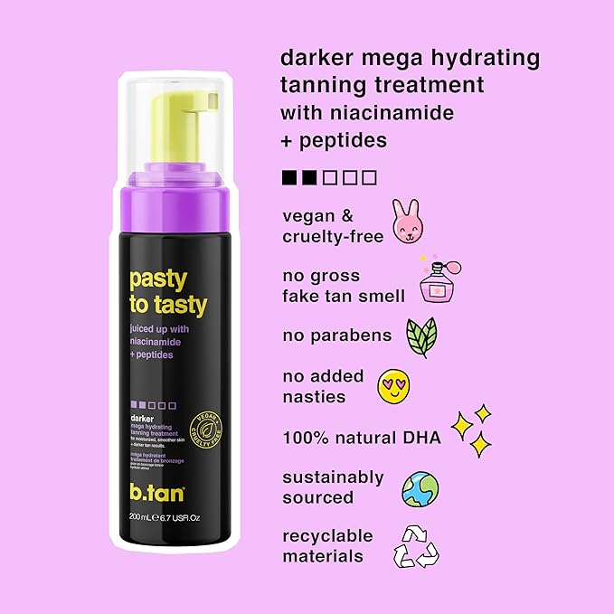 b.tan Dark Self Tanner Mousse | Pasty to Tasty -Best, 1 Hour Express, Hydrating Sunless Tanning Foam, Bronzed Glowy Skin, Face & Body, No Fake Tan Smell, 6.7 Fl Oz-BrightBean Baby