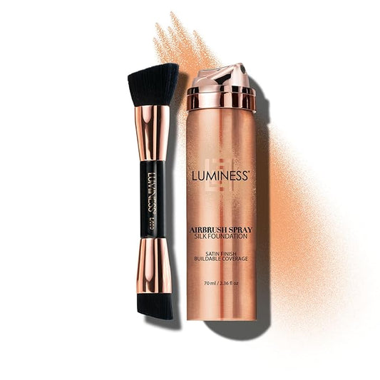 LUMINESS Silk Airbrush Spray Foundation & Buffing Brush Kit – Full Coverage Foundation & Dual-Sided Buffing Brush - Buildable Coverage, Anti-Aging Formula Hydrates & Moisturizes (Shade - Light Warm)-BrightBean Baby