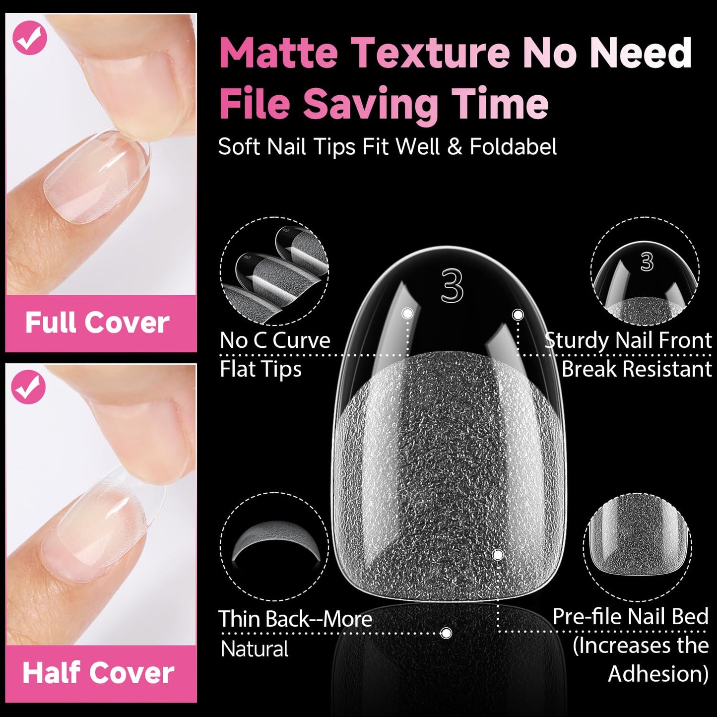 UNA GELLA Oval Gel Nail Tips, 312 Pcs Short Oval Round Nails Pre-Etched Half Matte Clear Acrylic Full Cover Press on Fake Nails No Filing Needed for DIY & Nail Extensions 12 Sizes-BrightBean Baby