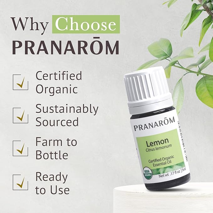 Pranarom USDA Certified Organic Lemon Essential Oil (5ml), 100% Pure Undiluted Therapeutic Grade from Argentina for Aromatherapy, Diffuser, DIY, Cleaning, Fresh Lemon Scent-BrightBean Baby