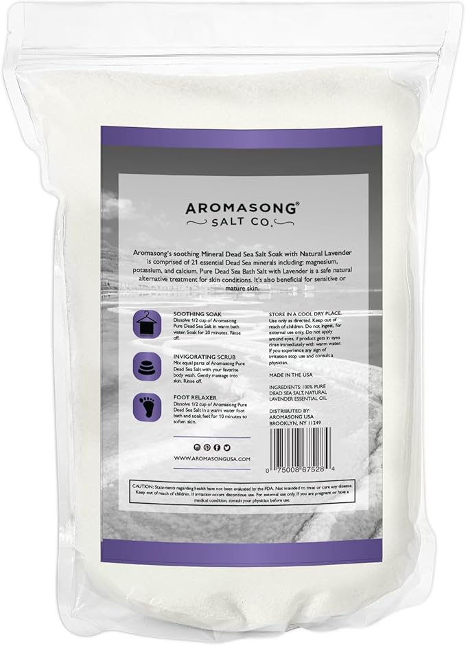 Aromasong Pure Dead Sea Salt for Soaking with 100% Natural Lavender, 5 LB - Spa Bath Salt Fine Grain - Body Wash Scrub - Soak for Women & Men- Bulk Resealable Pack (Packaging May Vary)-BrightBean Baby