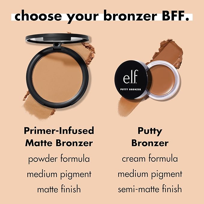 e.l.f. Primer-Infused Bronzer, Long-Lasting, Lightweight & Buildable Powder Bronzer, Delivers A Matte Finish, Vegan & Cruelty-Free, Tan O' Clock-BrightBean Baby