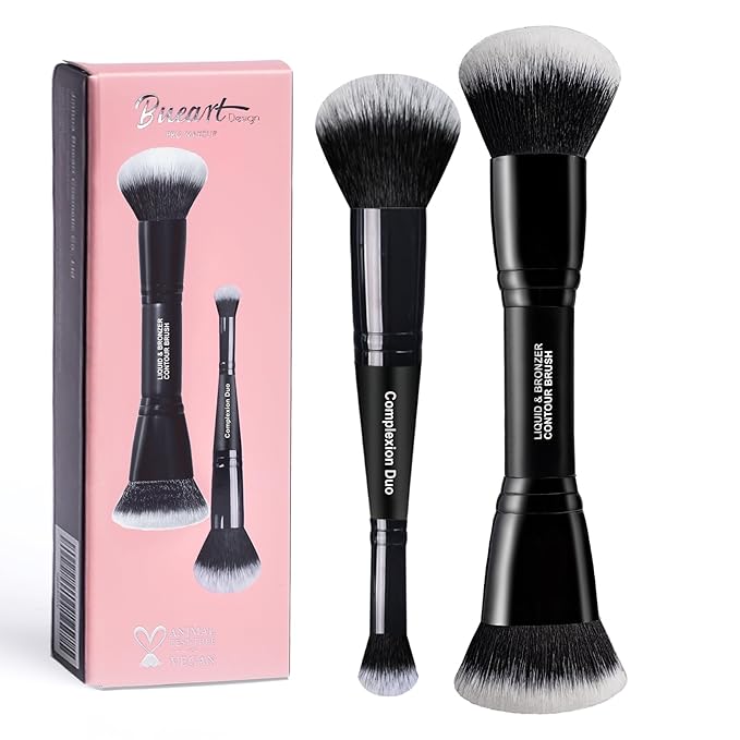 Bueart Design Complexion Duo Brush and Liquid & Bronzer Contour Makeup brushes set with ultra-soft dense hair Double-ended for Foundation Liquid Cream Concealer,Vegan and Cruelty-Free,M18-BrightBean Baby