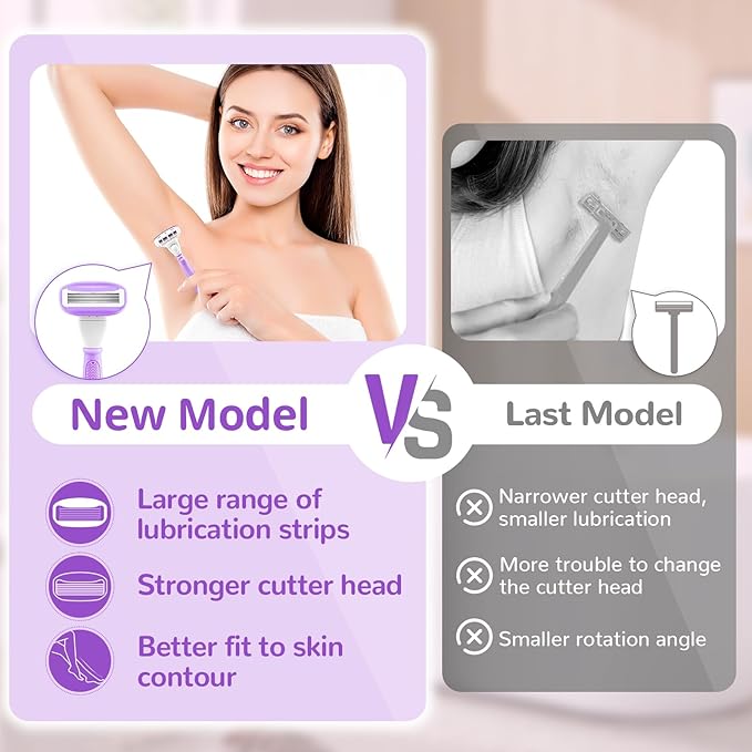 DreamGenius Razors for Women Include 2 Non-Slip Handles and 14 Blade Refills with a Shower Holder, 5 Premium Blades Women's Razors for Shaving with 360° Lubrication Reduces Irritation, Purple
